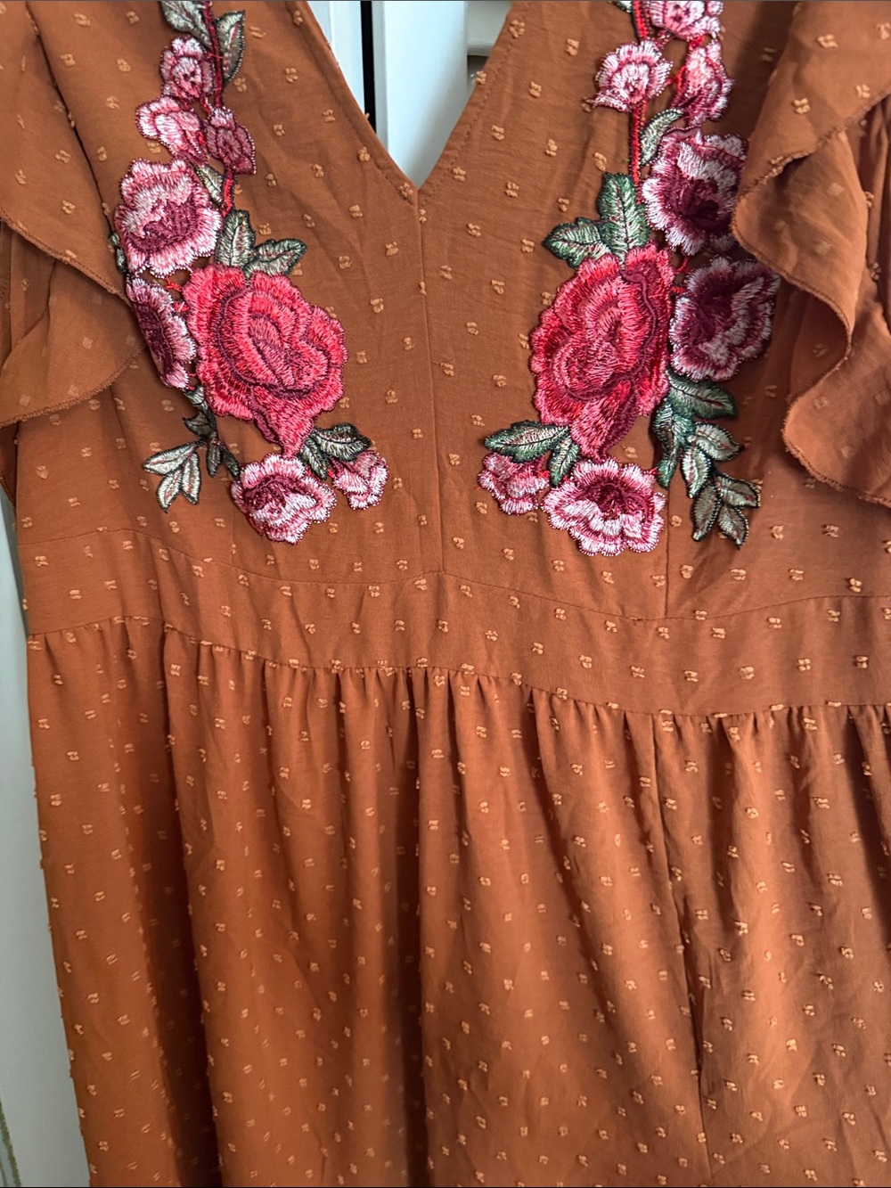 SHEIN Rust Floral Embroidered Ruffle Dress - Picture 6 of 9